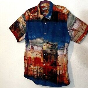CATERPILLAR Brand Men Shirt Button Up Abstract Desert Print 2X Orange Blue RARE